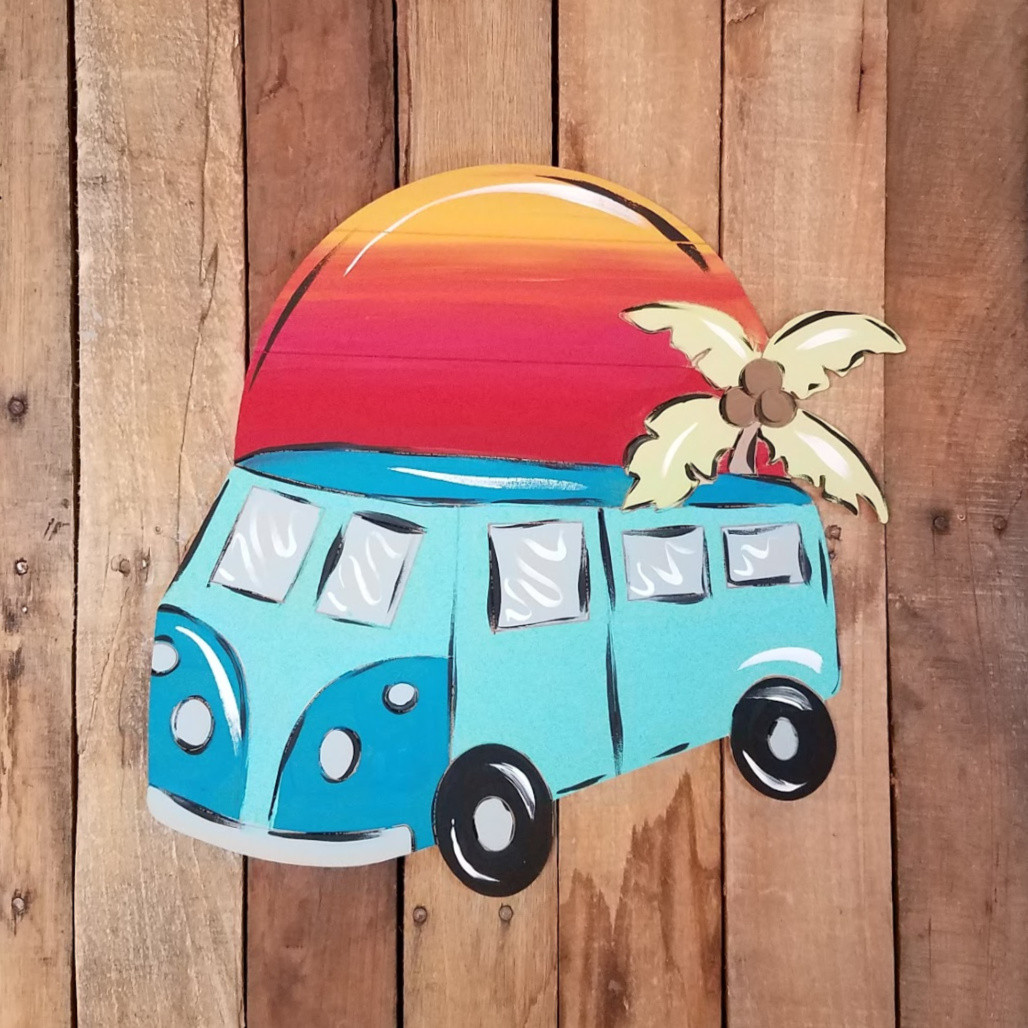 Beach Van With Palm Tree Tropical Wood Shape, Paint by Line