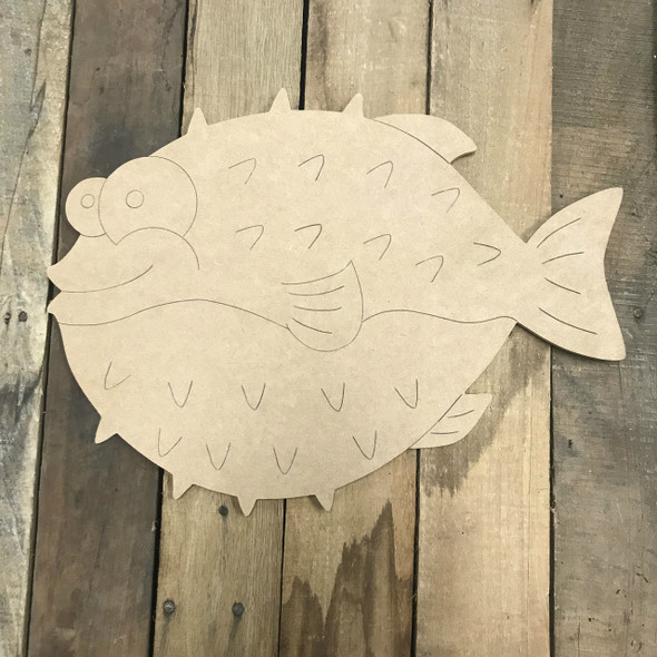 Blowfish, Unfinished Wooden Cutout Craft, Paint by Line