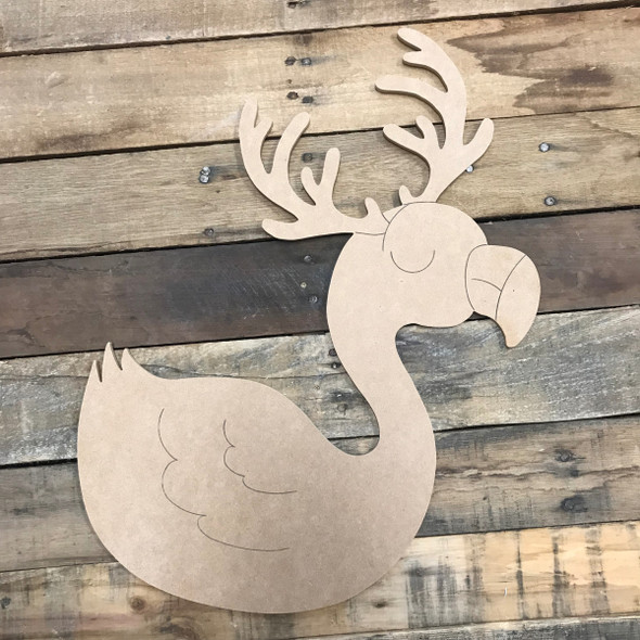 Flamingo with Antlers, Unfinished Wooden Craft, Paint by Line