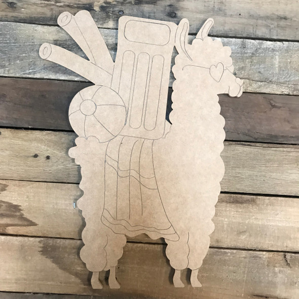 Llama/Alpaca with Pool Floaty, Unfinished Wood Cutout, Paint by Line