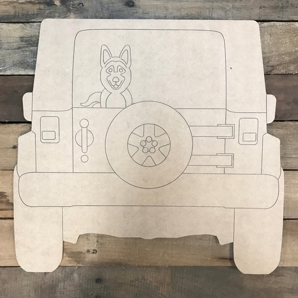 Jeep with German Shepherd Cutout, Unfinished Craft, Paint by Line
