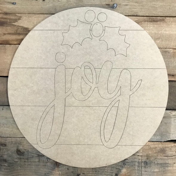 Joy with Holly Berry Circle, Wood Cutout, Shape, Paint by Line