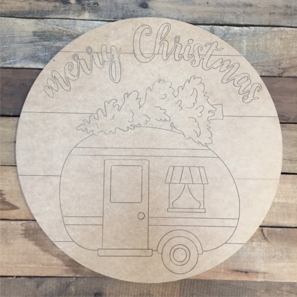 Merry Christmas Camper Circle, Wood Cutout, Shape, Paint by Line