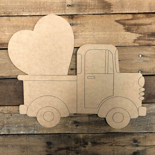 Heart Truck Wood Cutout, Unfinished Shape, Paint by Line