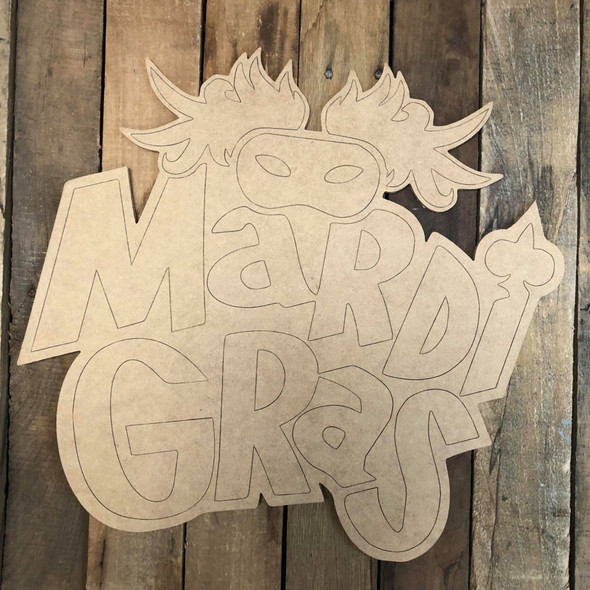 Mardi Gras Word with Mask, Wood Cutout, Shape, Paint by Line