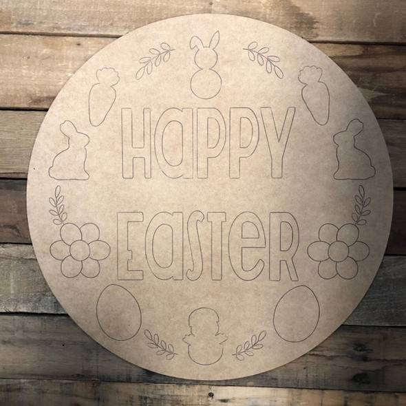 Happy Easter Circle, Wood Cutout, Shape, Paint by Line
