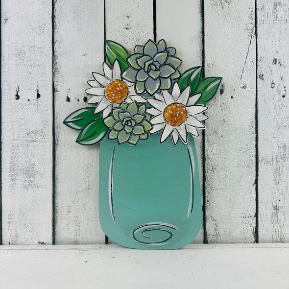 Succulent Flowers in Jar Spring Shape, Wood Cutout,  Paint by Line