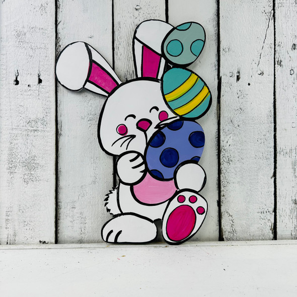 Bunny Holding Eggs Wall Art, Wood Cutout, Paint by Line