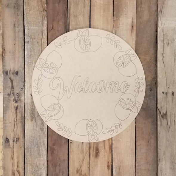 Welcome Lemon Wreath Circle Plaque, Wood Shape Paint by Line