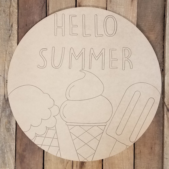 Hello Summer Ice Cream Circle Plaque, Wood Shape Paint by Line