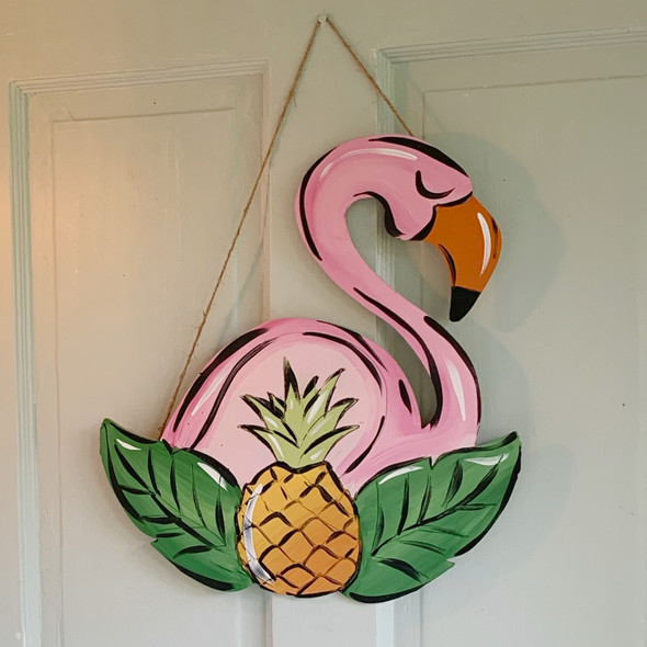 Tropical Flamingo With Pineapple, Unfinished Wooden Cutout Craft, Paint by Line