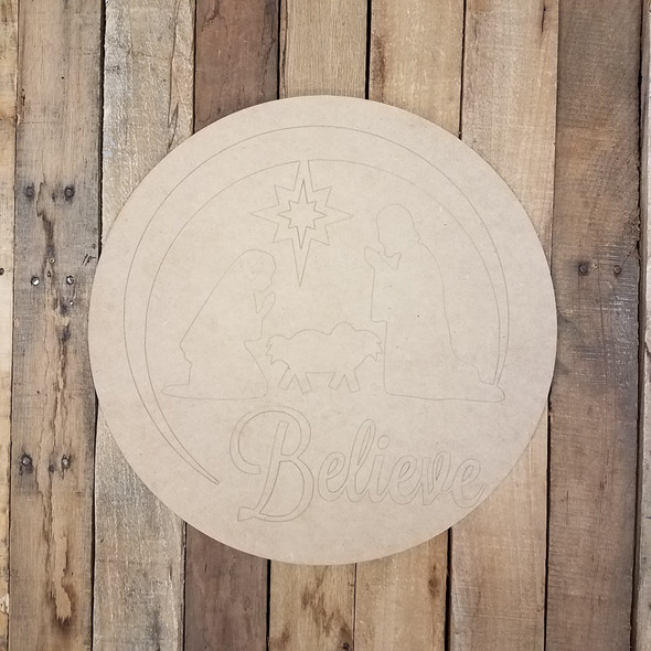 Believe Nativity Scene Circle, Wooden Shape, Paint by Line