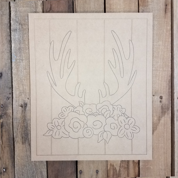Elk Antlers with Flowers on Beaded Board, Wood Cutout, Paint by Line WS