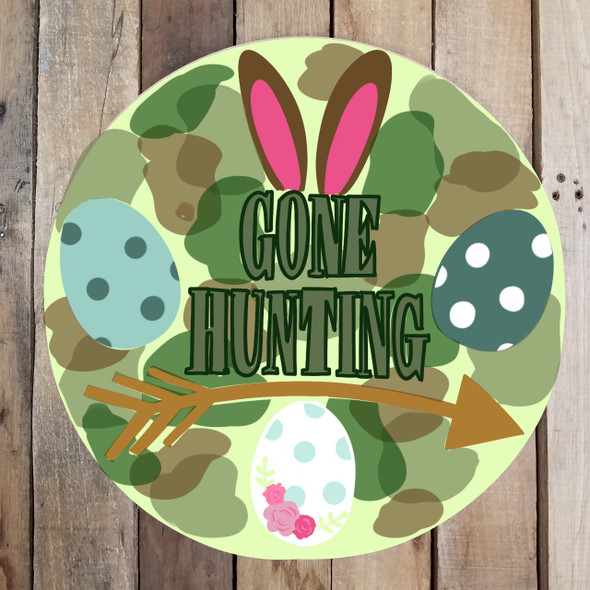 Gone Hunting Easter Egg Circle, Unfinished Wood Shape, Paint by Line WS