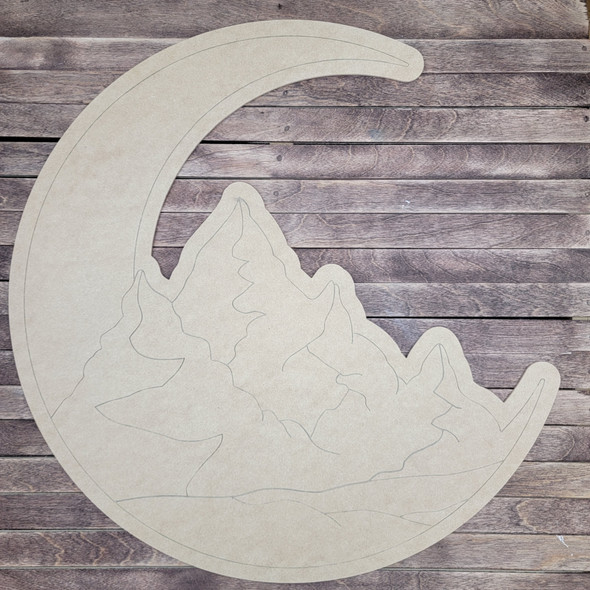 Crescent Moon With Mountains, Paint by Line, Wood Craft Cutout WS