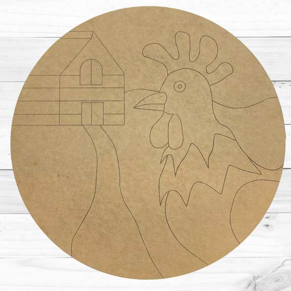 Chicken & Barn Round, Kids Engraved Wall Sign, Summer Craft Shape, Unfinished Craft Shape