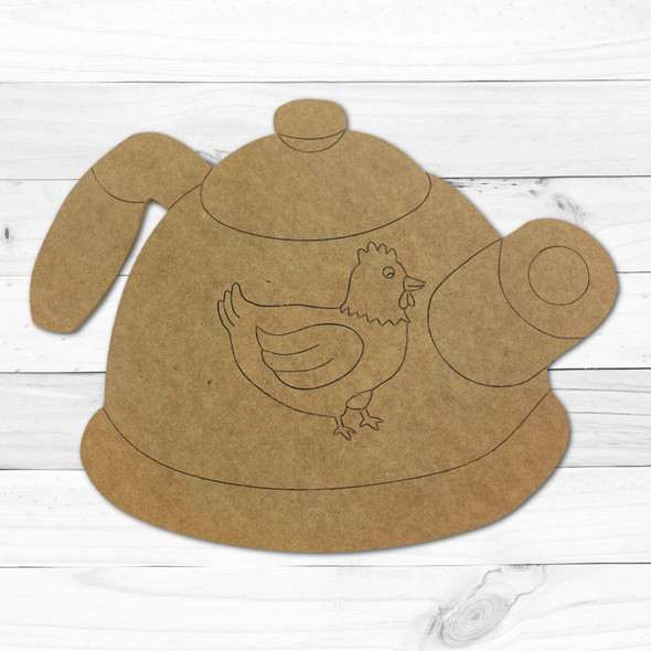 Tea Kettle with Chicken Engraving, Summer Craft Shape, Unfinished Craft Shape