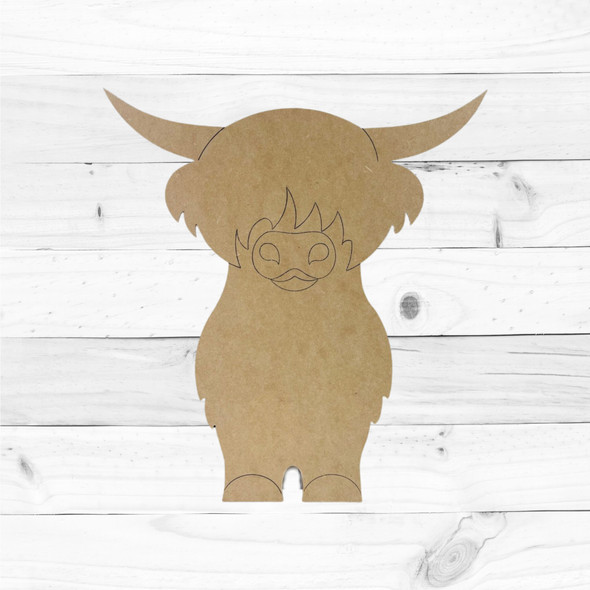 Plain Standing Highland Cow, Paint By Line MDF Wooden Craft, Unfinished Craft