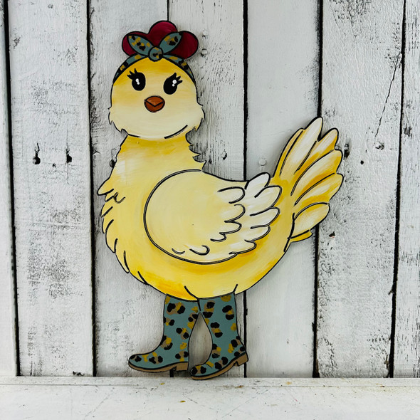 Chicken with Rainboots & Bandana, Paint By Line MDF Wooden Craft, Unfinished Craft, DIY Craft Art,