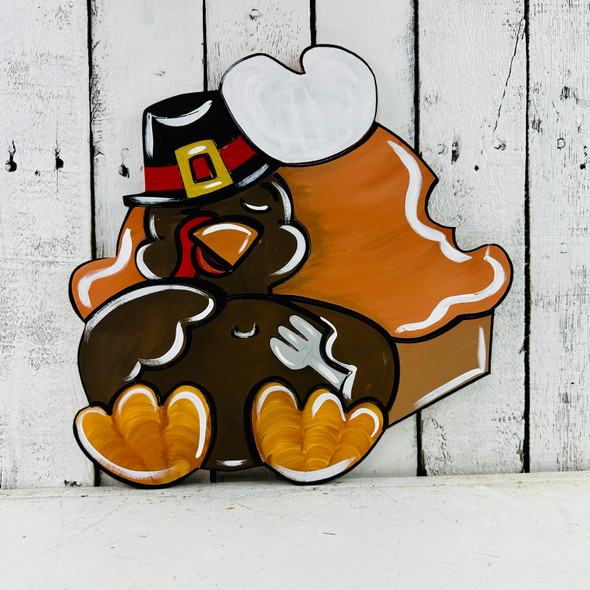 Turkey Napping on Pie, Food Shape, Unfinished Wood Cutout, Paint by Line
