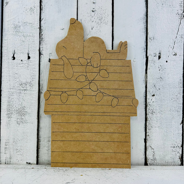 Dog on Doghouse with Lights, Christmas Shape Unfinished Wood Cutout, Paint by Line