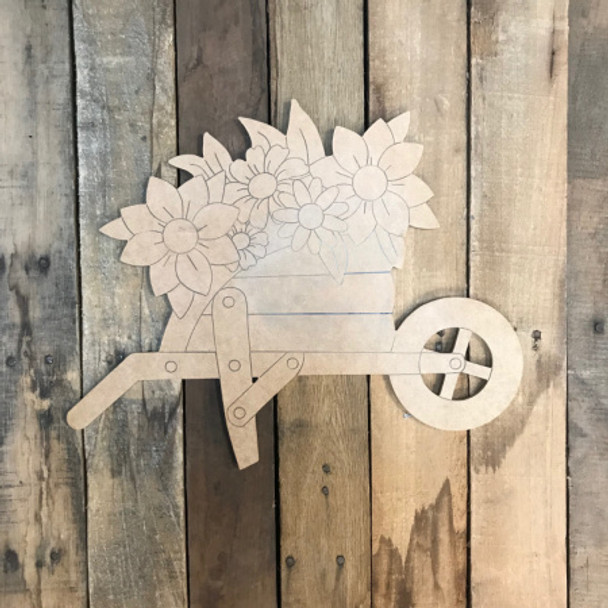 Wheelbarrow with Flowers, Unfinished Wood Cutout, Paint by Line