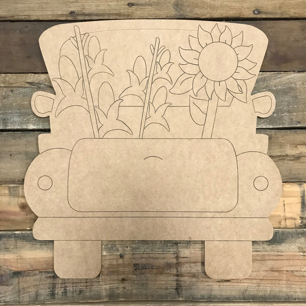 Sunflower and Corn Truck, Unfinished Wood Cutout, Paint by Line