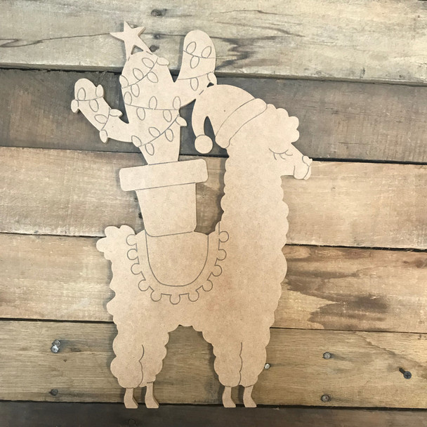 Llama with Christmas Cactus, Unfinished Wood Cutout, Paint by Line