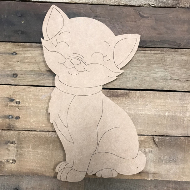 Cartoon Cat Wood Cutout, Unfinished Craft, Paint by Line