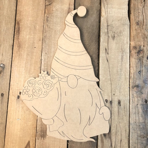 Gnome Holding Flowers Wood Cutout, Shape, Paint by Line