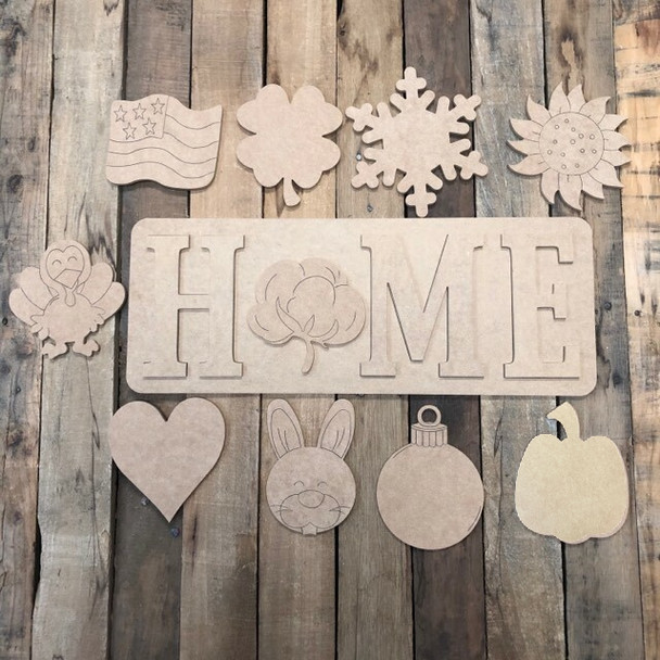 HOME Plaque Set Wood Cutout, Unfinished Shape, Paint by Line