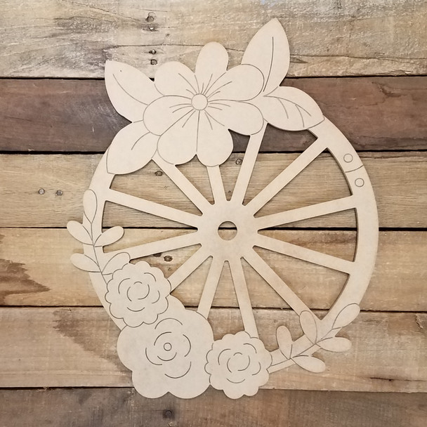 Wagon Wheel With Flowers Cutout, Unfinished, Paint by Line