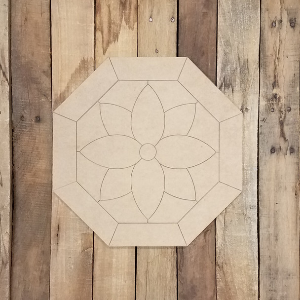 Flower in Octagon Geometric Art Circle, Boho Style Unfinished Wood Shape, Paint By Line WS