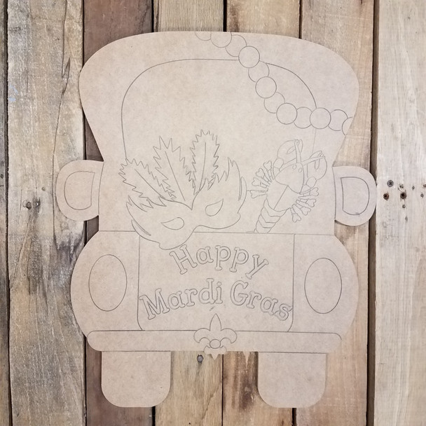 Mardi Gras Tailgate Party Truck, Unfinished Wood Cutout, Paint by Line WS