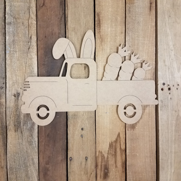 Antique Easter Bunny Truck with Carrots, Unfinished Wood Shape WS