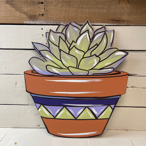 Succulent Flowers in Unique Pot Design, Wood Cutout, Paint by Line