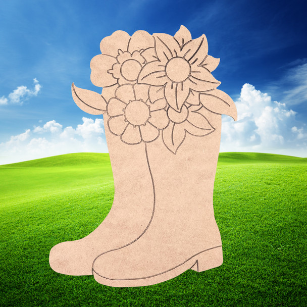 Boots with Flowers New DIY, Unfinished Wood Cutout, Paint by Line