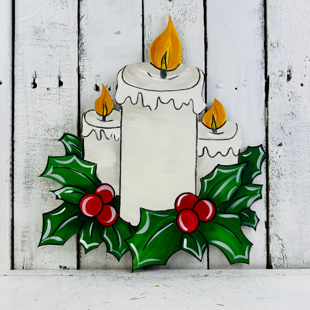 Candle with Holly & Berries, Christmas Shape Unfinished Wood Cutout, Paint by Line