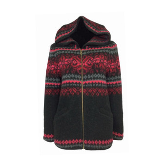 Freyja Icelandic Wool Ladies Zippered Cardigan / Hood (Black / Red) - XL