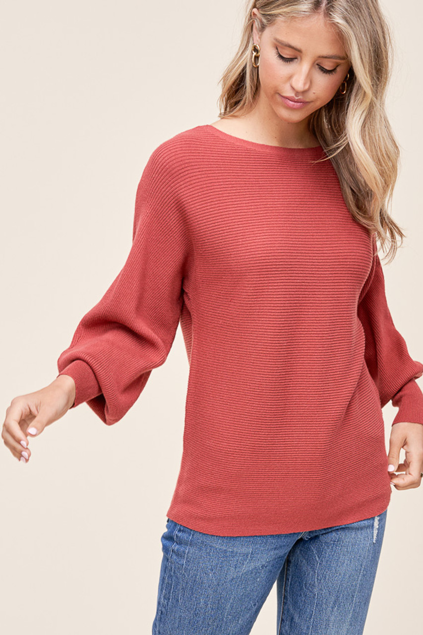 Red Sweater - Crew Neckline Sweater - Bubble Sleeve Sweater