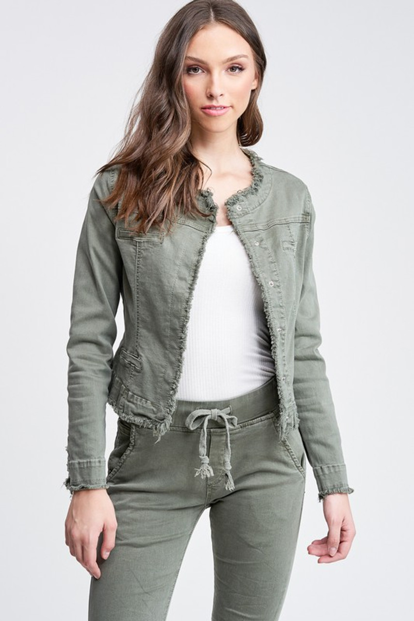 Buy SHOWOFF Womens Spread Collar Green Solid Denim Jacket online