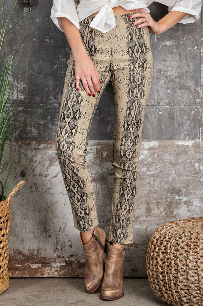 Beige Super Skinny Reversible Pants With Snake Print