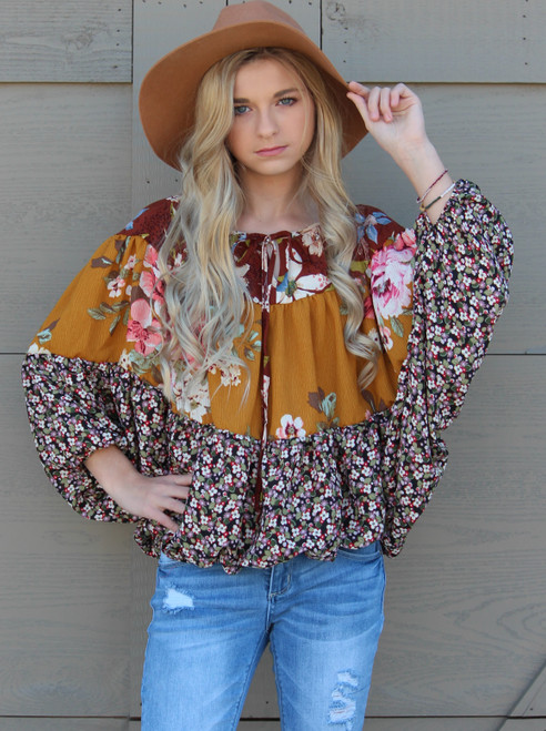 Floral Block Print Bubble Sleeve Top