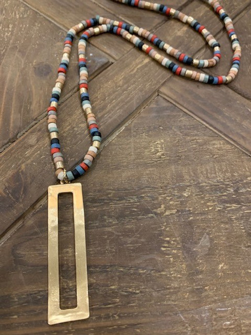 Multi Color Beaded Necklace with Gold Rectangle