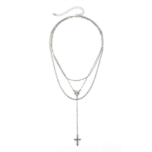 Three Layer with Cross Necklace - Silver