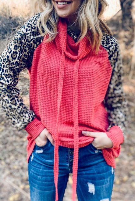 Leopard and Salmon Cowl Neck Top