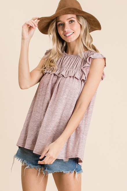 Heather Mauve Ruffle Sleeve Top