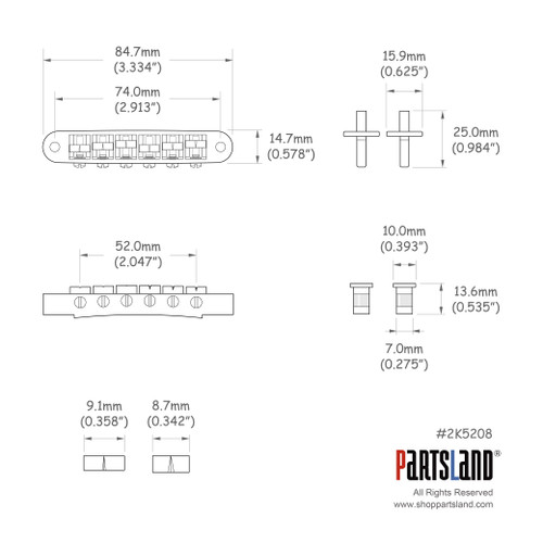 Nashville Style Standard Tune-O-Matic Bridge/Small Post/C Clip/52mm