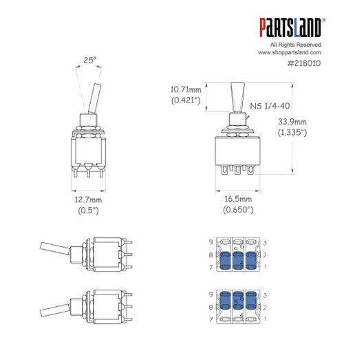 Deluxe Mini Toggle Switch / 3PDT ON-ON / 1/4"-40 thread