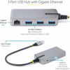 StarTechcom 3-Port USB Hub with Ethernet USB-A Ports Gigabit EthernetGbE 5Gbps Bus-Powered 1ft30cm Cable Portable Laptop USB 5G3AGBB-USB-A-HUB